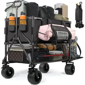 Double Decker Wagon Heavy Duty Collapsible, 600LBS 400L Capacity Foldable Utility Cart with Big Wheels for Beach, Outdoor, Camping & Gardening, Durable Steel Frame