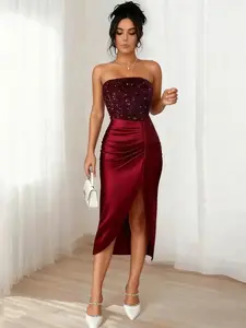 Women's Elegant Sequined Dress Halter Backless Evening Gown Satin Bodycon Party Dress for Night Club Date Formal