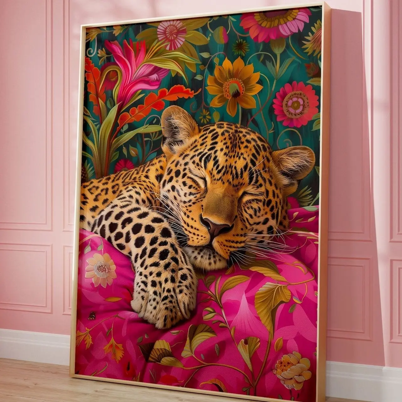 Sleeping Leopard Maximalist, Bold Pink Dopamine Bedroom Poster, Kitsch Wild Animal Eclectic Floral Print B
