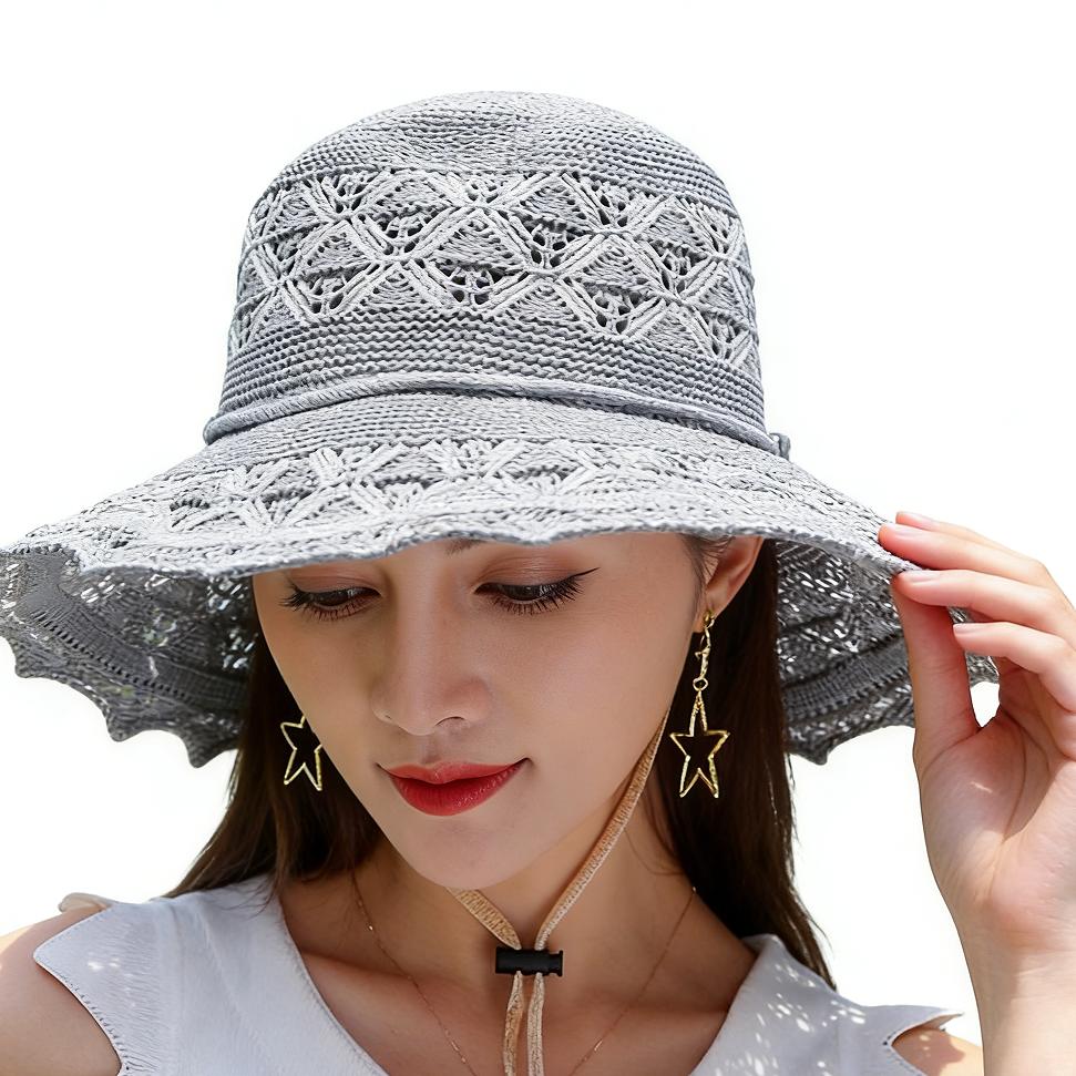 Handmade Breathable Crochet Sun Hat with Wide Ruffled Brim - Luxury Lace Embroidery Summer Hat - UPF 50+ Sun Shade Cap for Women - Lightweight Foldable Cotton Straw Hat for Gardening, Beach & Cruise