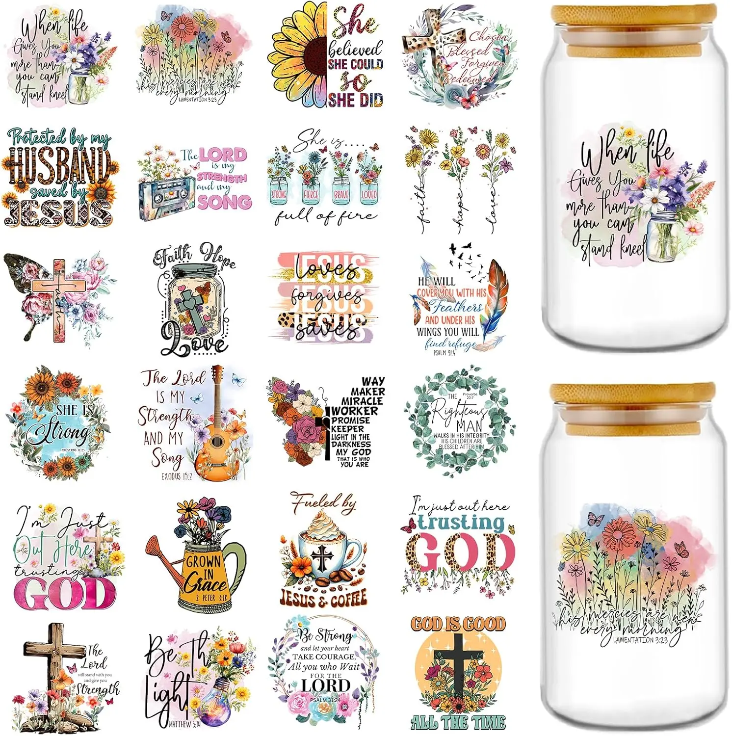 UV DTF Cup Wrap - 24 Sheets Christian Uvdtf Cup Wraps for 16 oz Glass Cups, Bible Verse Religious Decals for Coffee Mugs, Faith Rub on Transfer Stickers, DIY Church Crafts