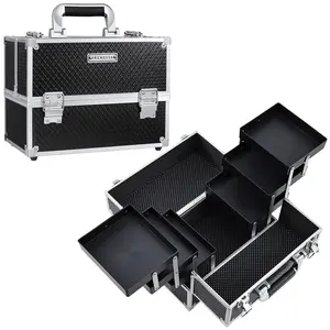 Makeup Train Case Makeup Case 11.8 Inch Large Cosmetic Box Organizer Travel Storage Professional Make Up Train Carrying Case with 6 Trays Locking Hard Vanity Storage Black