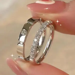 S925 Silver Square Zircon Ring Set Adjustable Open Band