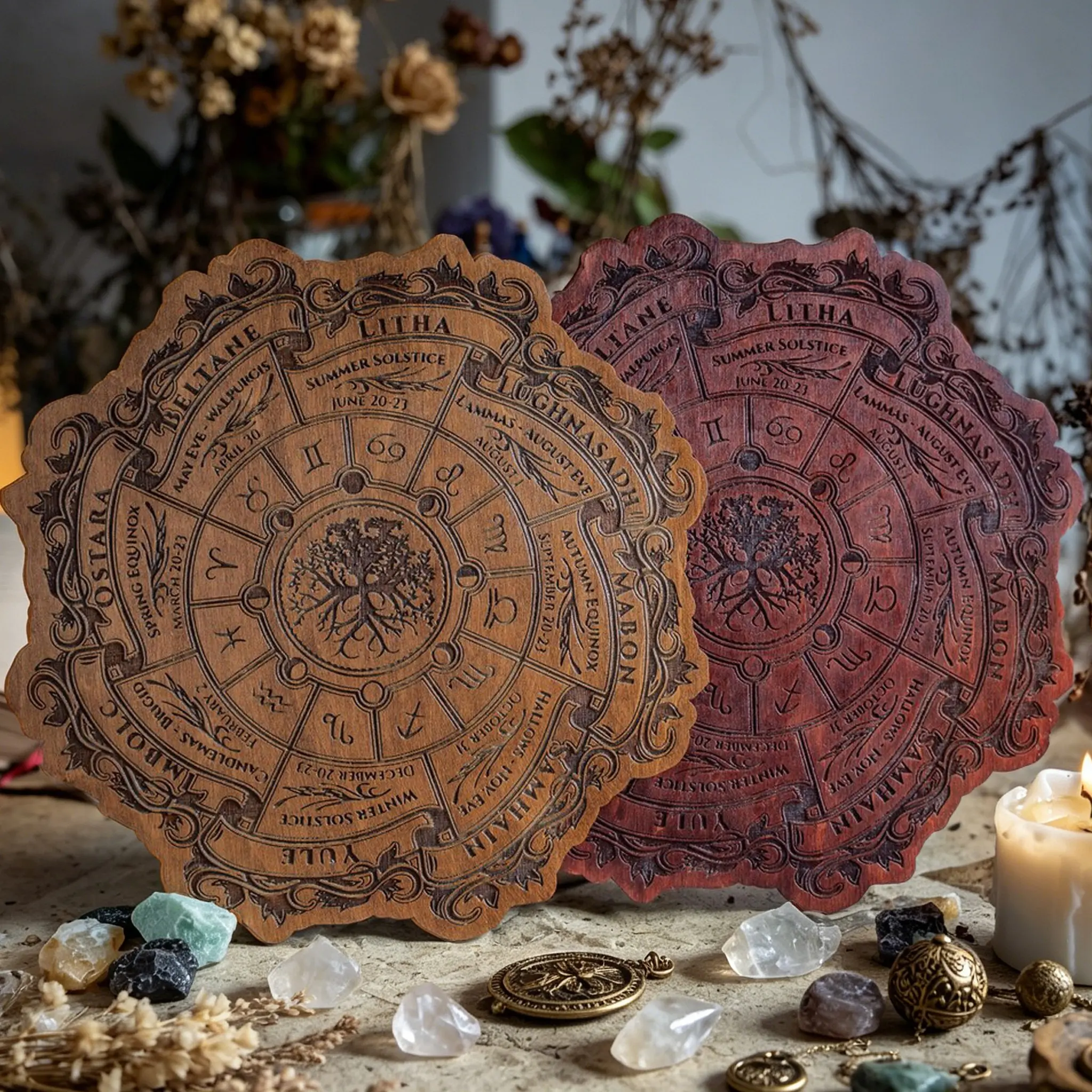25cm, Celtic Tree of Life Wheel of The Year Calendar, Viking Pagan Wood Sign, Wiccan Altar Decor, Witchcraft Wall Art Gift, Divination Board, Witchcraft Decor, Home Wall Decoration, Wooden Gothic Ouija Board, Spiritual Wall Decor
