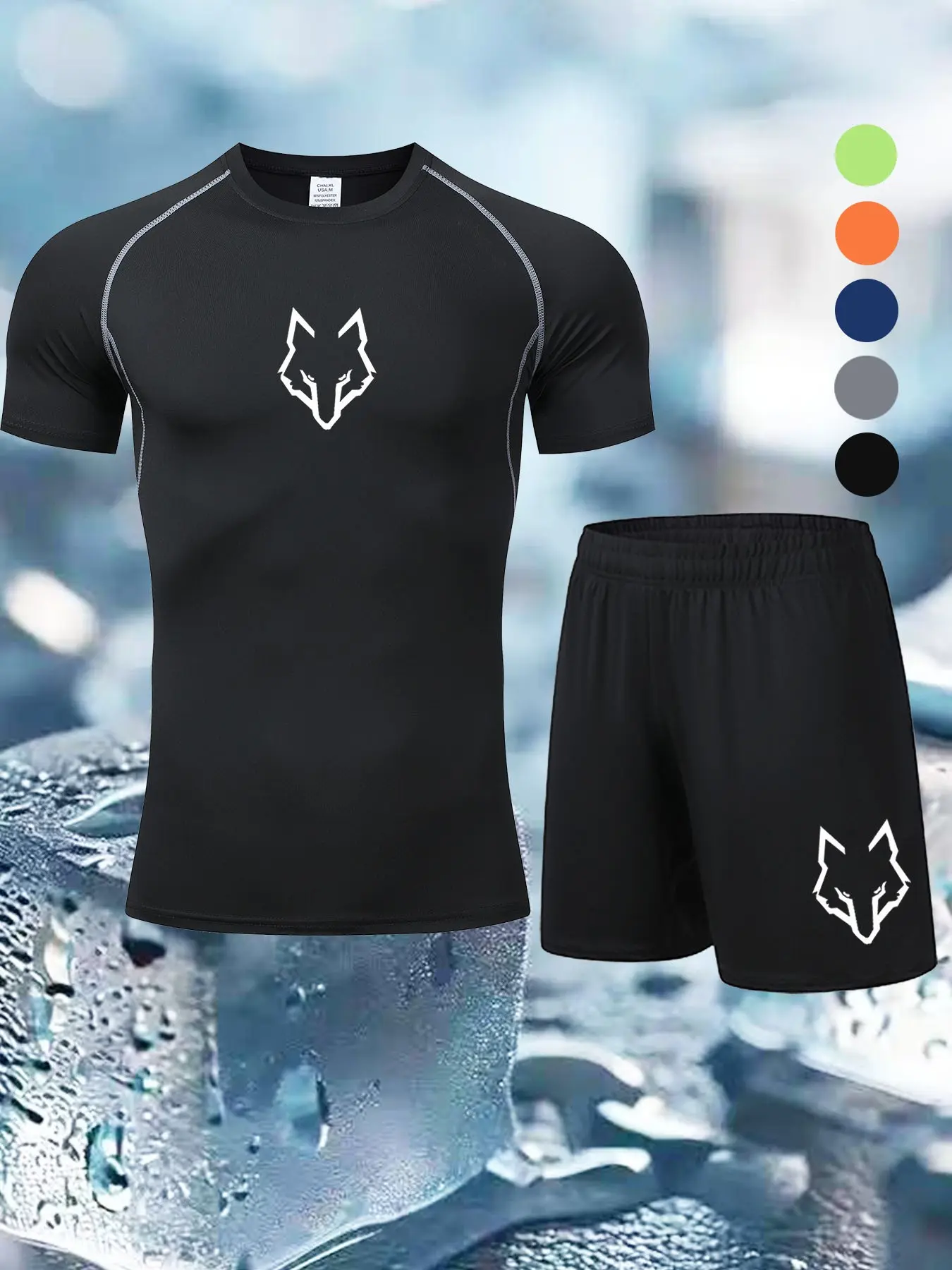 Men's Summer Casual Sports Set, Breathable Quick-Dry, Wolf Head Print, Fashion Comfort Fit, Round Neck Short Sleeve T-Shirt, Elastic Waist Drawstring Shorts, Summer Activewear