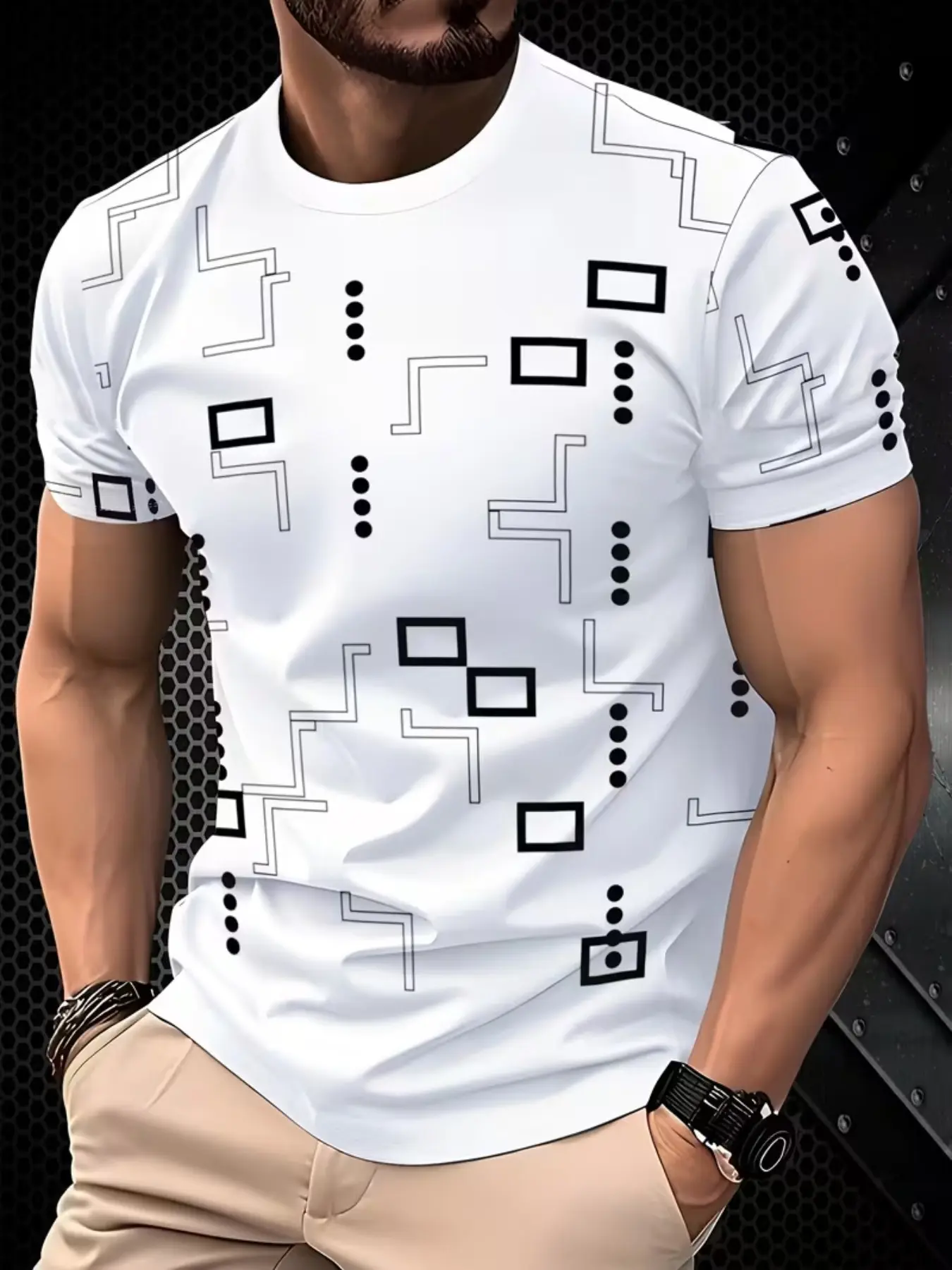 Men's Geometric Pattern Prints Short Sleeve T-Shirt, Fashion Casual Streetwear Graphic Round Neck Top, Slim Fit Classic Menswear Male Clothing