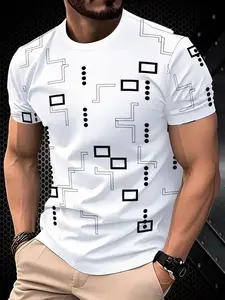 Men's Geometric Pattern Short Sleeve T-Shirt, Fashion Casual Graphic Round Neck Top, Slim Fit Male Clothing