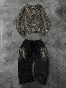 Unisex Camo Round Neck Long Sleeve Sweatshirt & Skull Print Pants Set, Casual Street Style, Loose-Fitting, Spring & Fall Fashion