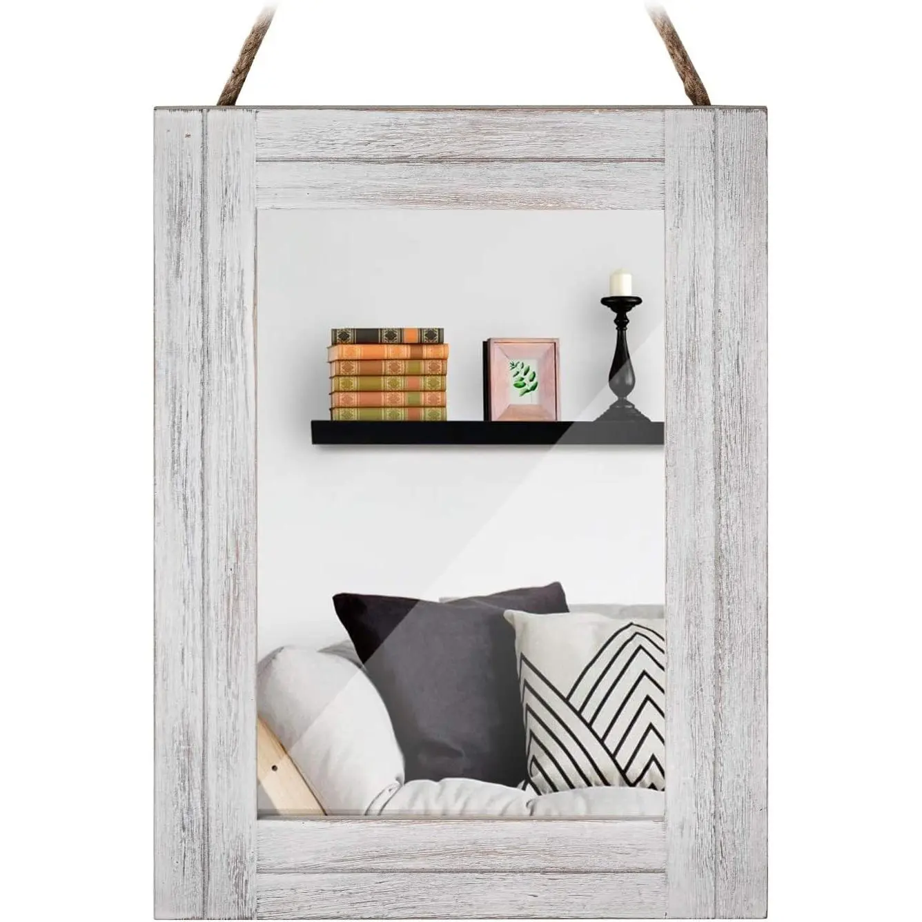 12"×16" Rectangle Wooden Wall Mirror - Farmhouse Retro Distressed White Decor with Hanging Rope for Bathroom Vanity, Living Room Home Decoration, Gift Idea