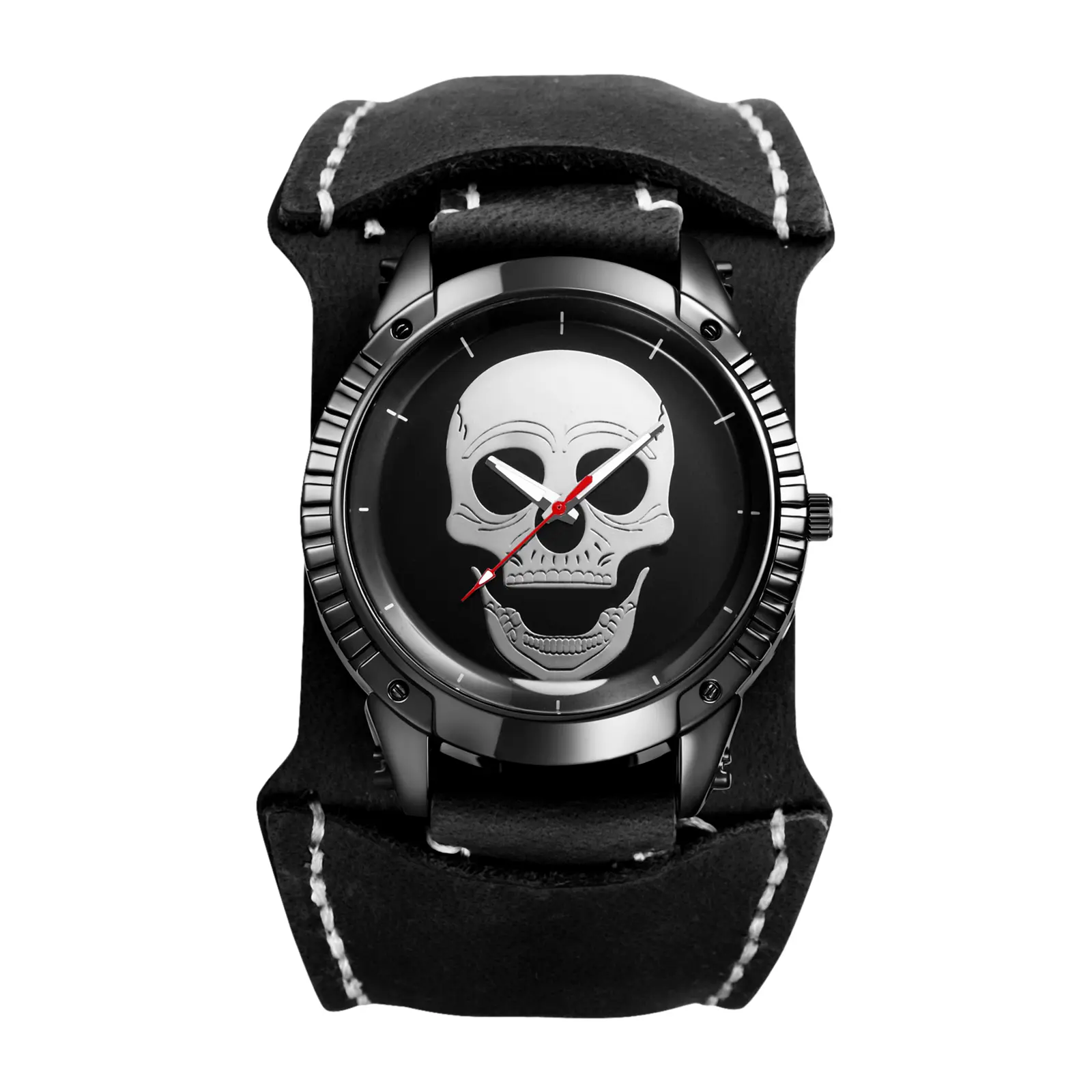 OIDEA Men's Steampunk Gothic Skull Quartz Analog Watch Set - Quartz Movement, Adjustable Wide Cuff Genuine Leather Strap, Detachable Band, for Casual Wear, Motorcycle Gatherings