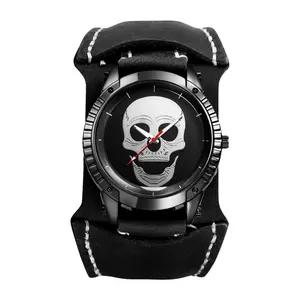 Men's Steampunk Leather Watches - Analog Quartz Gothic Skull Wide Cuff Watch Adjustable Genuine Leather Strap Wristwatch for Halloween