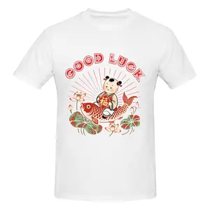 Women's Vintage Soft Lightweight Printed Casual Everyday Cotton T-Shirt - Chinese Good Luck Koi Fish & Lucky Boy Graphic, Traditional Asian Art Top, Lucky Gift