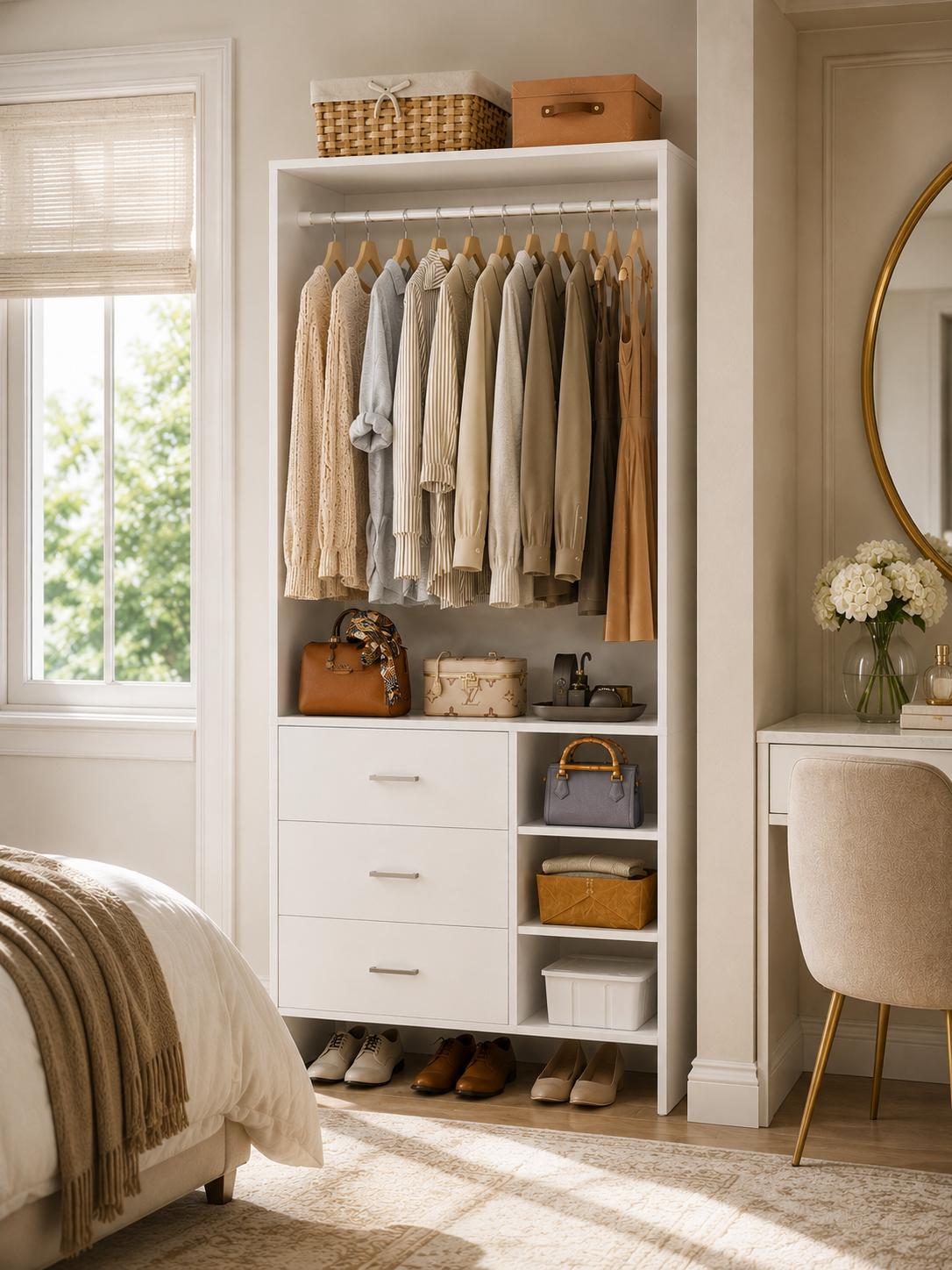 Wood Closet Organization Wardrobe with 3 Drawers - Heavy Duty Dresser Alternative, Aesthetic Renter Friendly Closet System Freestanding Closet Organizer