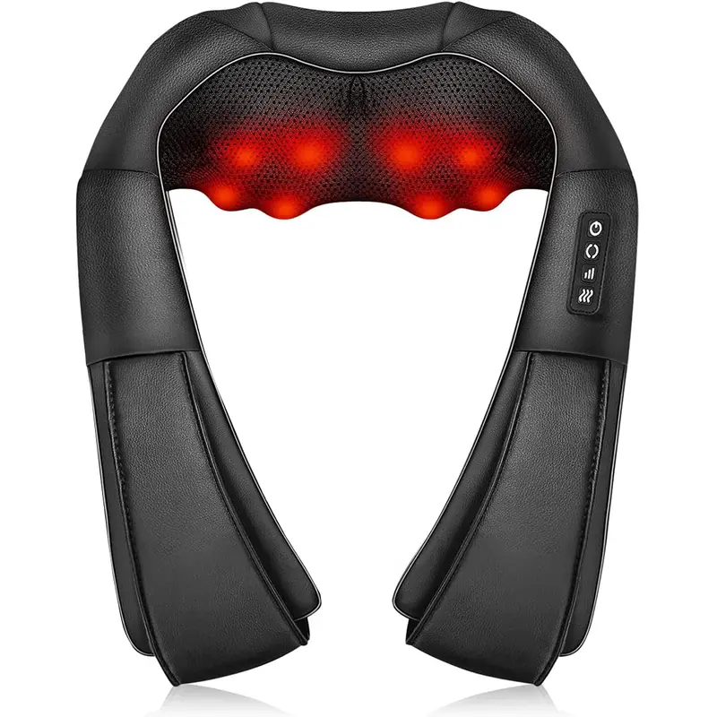 3D Kneading Electric Back and Neck Massager with Heat - Adjustable, 3 Speed Intensities, 8 Bi-Directional Rotating Heads Cushioned Device for Office Use, Back Pain Relief - Hands-Free Gift for Adults