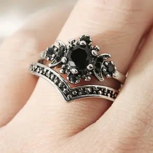 Black Moon & Star Ring Set Elegant Black Diamond Couple Rings Gothic Style Unisex Matching Jewelry