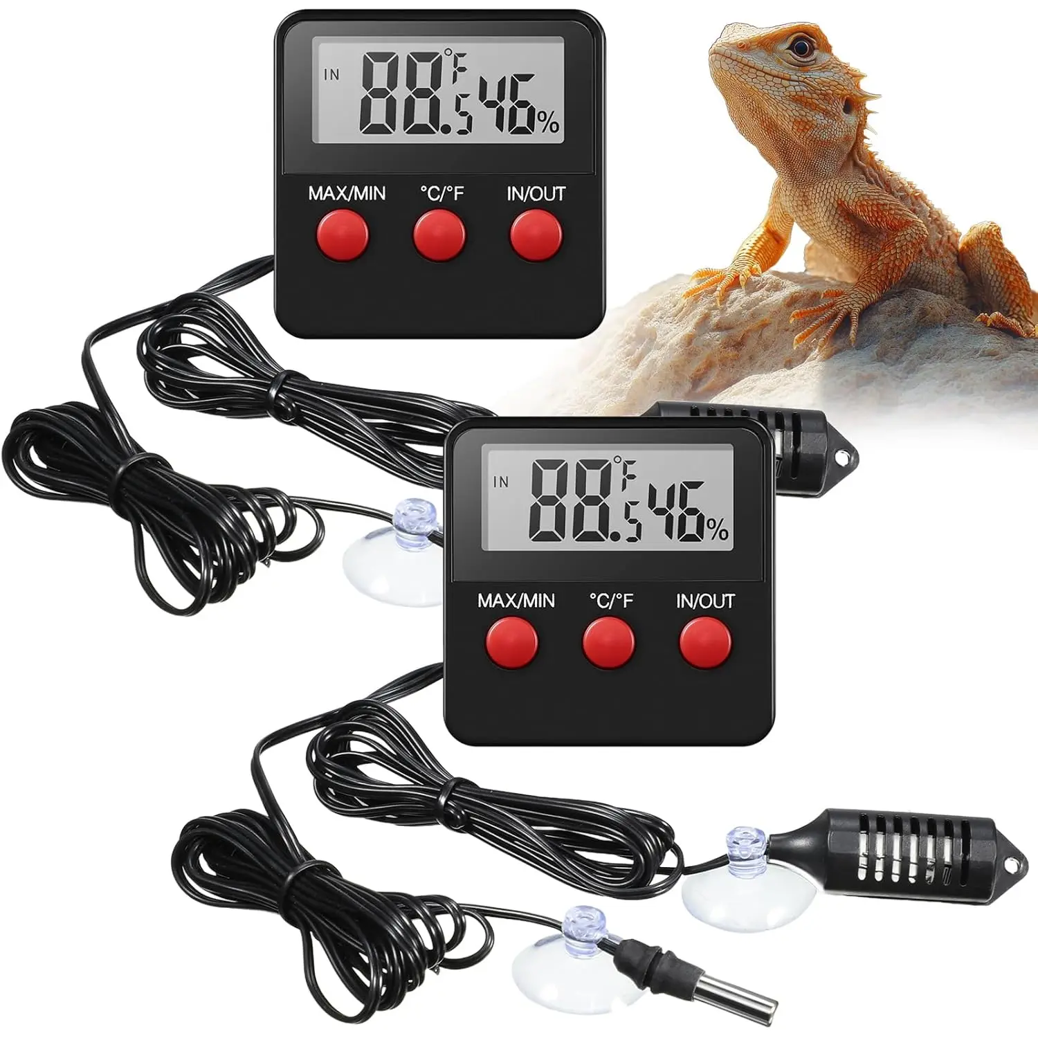 2-Count Digital Reptile Thermometer-Hygrometer with 2 Probes, Plastic Casing, Suction Cups, Clip Bracket, Easy Installation & Memory Range, Accurate Measuring Tool for Terrarium Care (Indoor/Outdoor Use), 2 Count Digital Thermometers