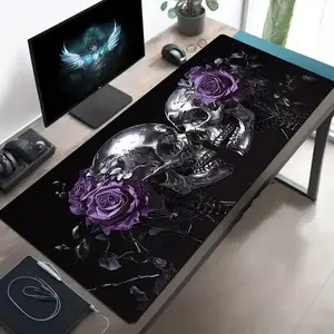 Silver Skull Love Gaming Mat, Gothic Rose Horror Gaming Desk Mat, Metallic Skeleton Romance Mouse Pad, Dark Couple Decor For Gamers