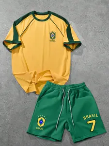 Men's Brazilian Football 2 Piece Tracksuit Set, BRASIL Size 7 Print, Football Fan Short Sleeve T-Shirt and Green Shorts Set, Streetwear Loose Casual Suit, American Hip Hop Street Style 90s Style Art Print Unisex Couple Outfit Holiday Gift