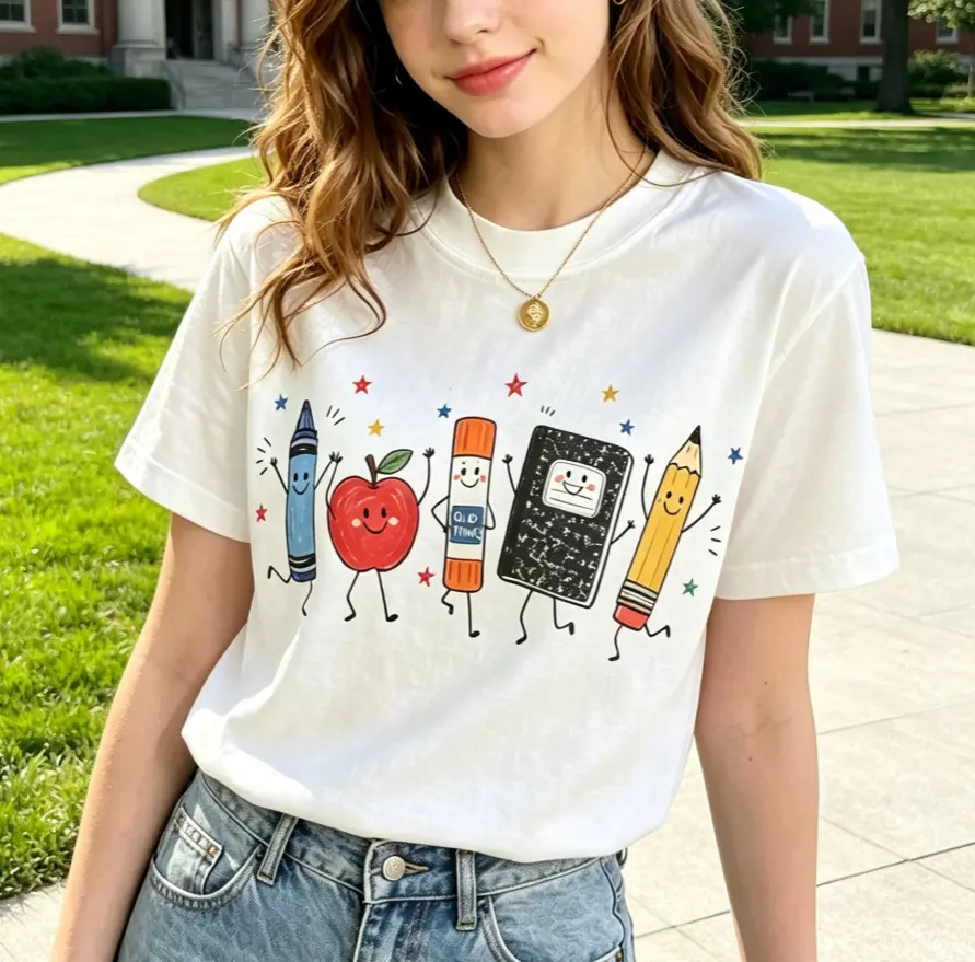 Cute Cartoon Stationery Graphic Short Sleeve T-Shirt, Smiling Apple Crayon Pencil Printed Casual .  t shirts for women    cotton graphic tees  t shirts women