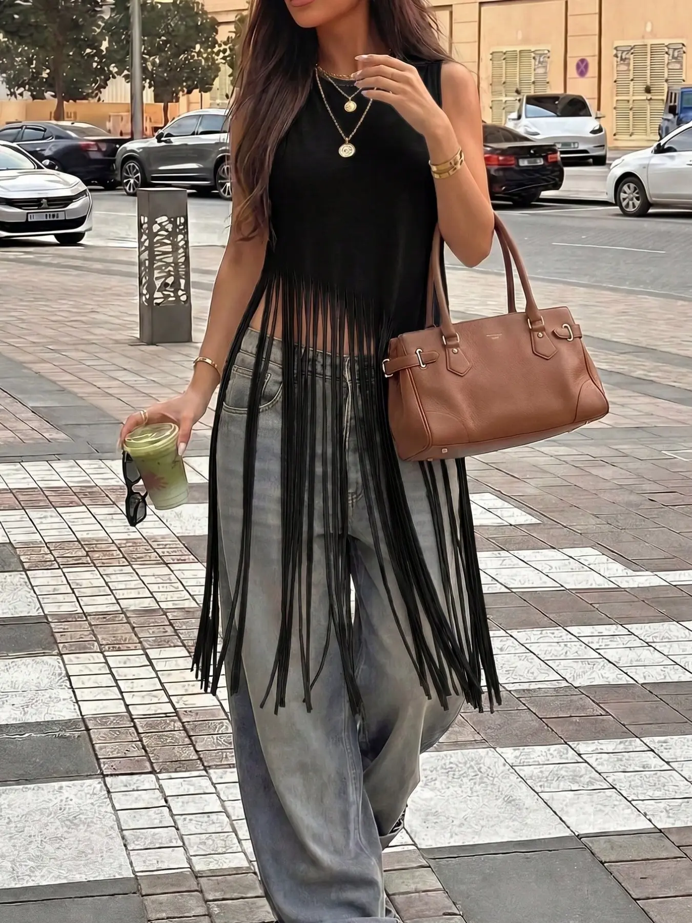 Women's Fringe Tassel Knit Tank Top, Casual Solid Sleeveless Asymmetric Hem Casual Shirt, Spring Summer Streetwear Fashion, Trendy Ladies' Clothing