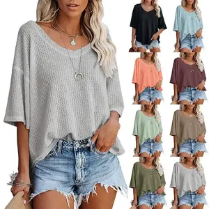 Women’s Summer New V-Neck Batwing Sleeve Waffle Knit Loose Solid Color Short-Sleeve T-Shirt