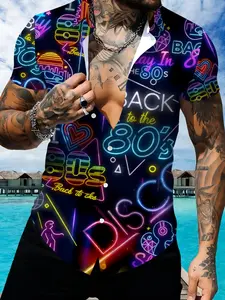 Retro 80s Neon Pattern Printed Short Sleeve Shirt, Men's Casual Summer Outerwear, Multi-color Geometric Trendy Top