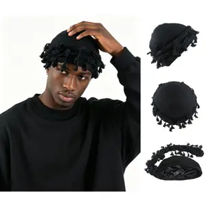Hip-hop Frayed Headscarf Hat for Men Twisted Tail Satin-Lined Double-Layer Braid Hair Protection Accessory in Black
