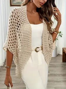 Women's Spring Summer Batwing Sleeve Loose Knit Hollow Out Elegant Cardigan, Stylish and Comfortable Outerwear for Ladies