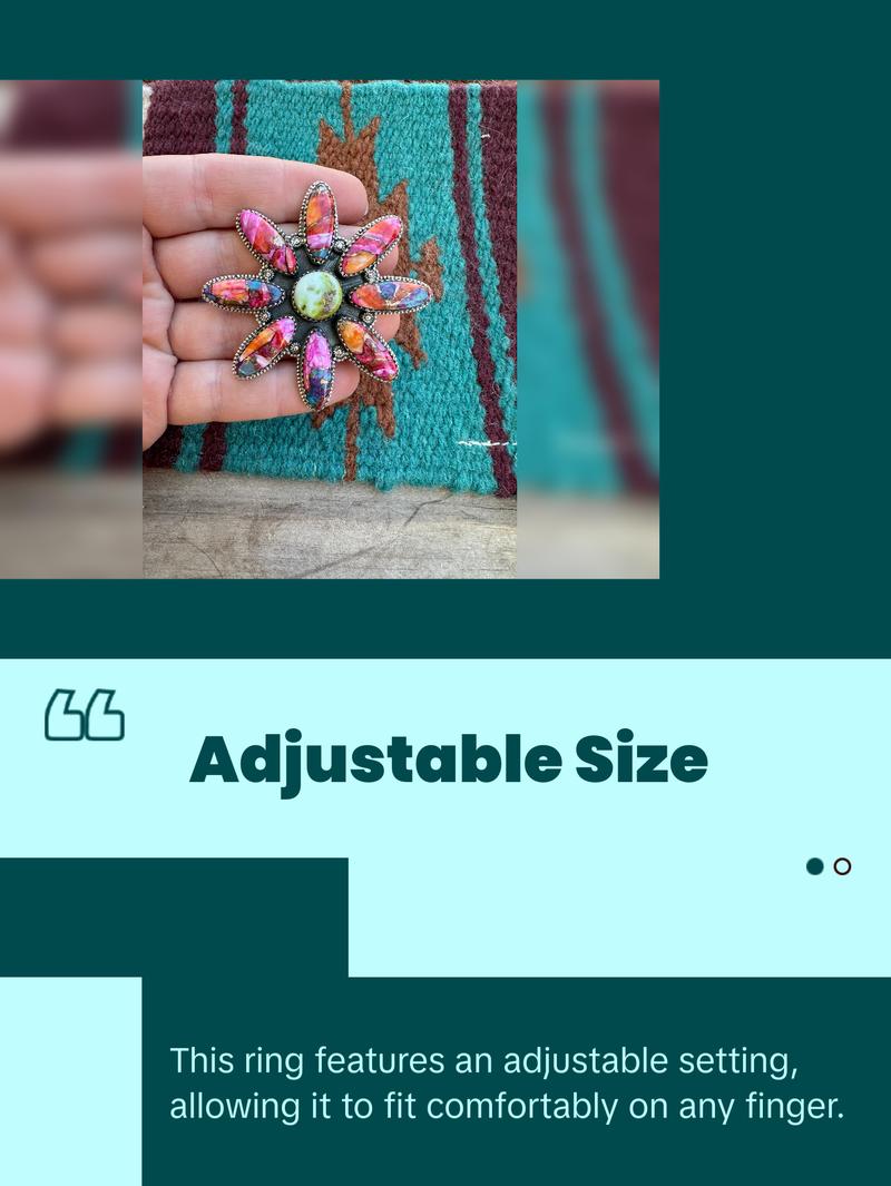 Nizhoni Handmade Pink Dream Mojave, Palomino Turquoise & Sterling Silver Adjustable Flower Ring
