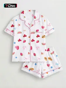 2-Piece Cute Fruit Print Women's Pajama Set, Short Sleeve Button Front Top and Elastic Shorts, Casual All-Season Sleepwear, Pjs, Loungewear, Womenswear