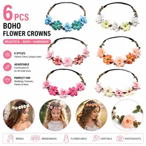 6 PCS Boho Hair Wreaths & Flower Crowns – Bridal Headpieces for Brides, Bridesmaids, Flower Girls & Festival Weddings