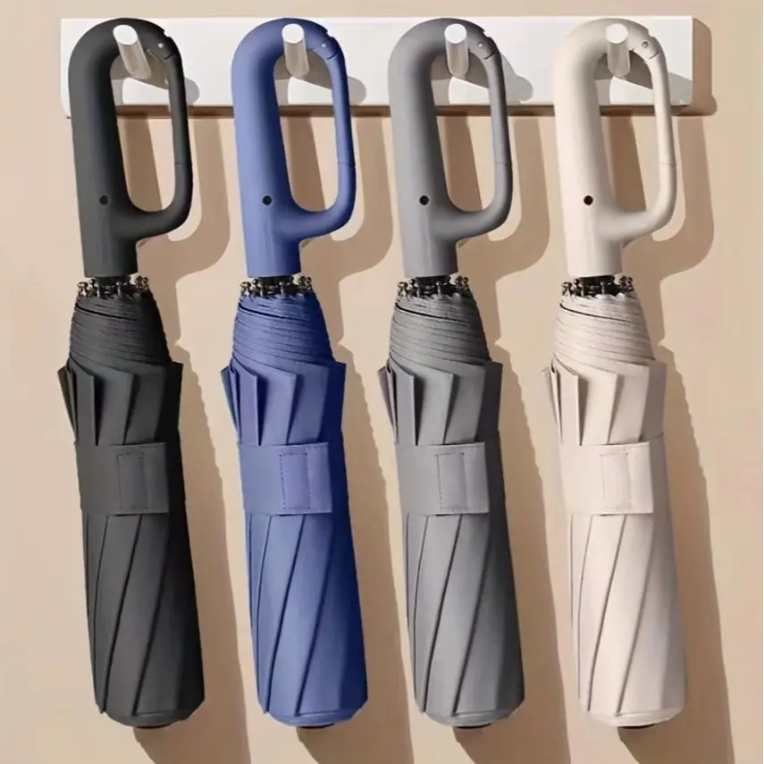 Automatic Folding Umbrella with Loop Buckle Handle - 1-Touch Auto Open Close, Windproof, UV-Protective Black Coating, Waterproof, Compact Matte Lightweight Plastic Umbrella for Travel, Daily Use