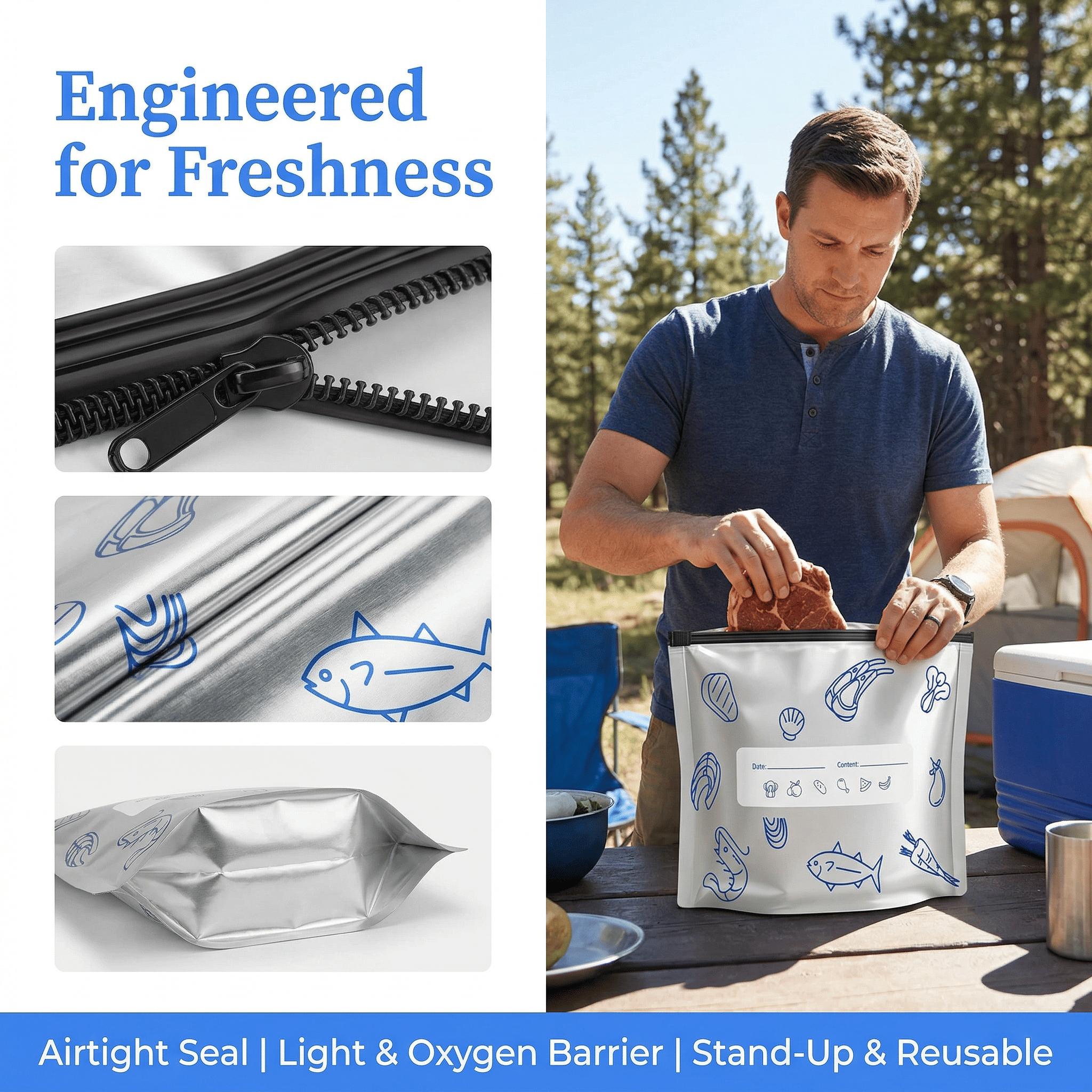 Reusable Aluminum Foil Freezer Bags, Food Grade Leakproof Ziplock Food Storage Bags with Label Area, BPA Free Heavy Duty Freezer Safe Bags for Meat Seafood Vegetable Meal Prep Refrigerator Organization