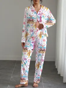 Women's Autumn Winter Loungewear Set, Denim Print Pajamas, Shirt Collar Button Long Sleeve Top & Elastic Pants, Soft Stretch Fabric Nightwear