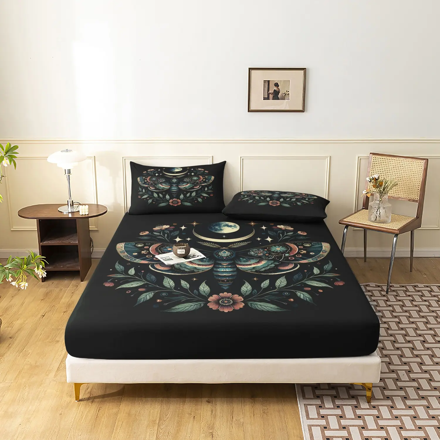 3Pcs Boho Moth Moon Phase Fitted Sheet Set, Vintage Celestial Floral Bed Sheets with Pillowcases, Witchy Cottagecore Aesthetic Bedding for Bedroom, Decorative Bedsheet Sets, Bed Sheet Sets