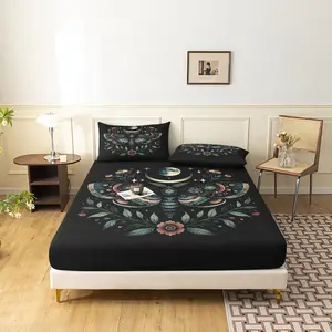 3Pcs Boho Moth Moon Phase Fitted Sheet Set, Vintage Celestial Floral Bed Sheets with Pillowcases, Witchy Cottagecore Aesthetic Bedding for Bedroom
