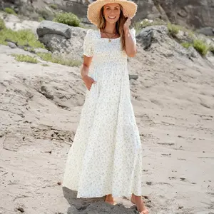 Women's White Frilly Shirred Bodice Tiered Floral Maxi Dress Vacation Beach Outfits