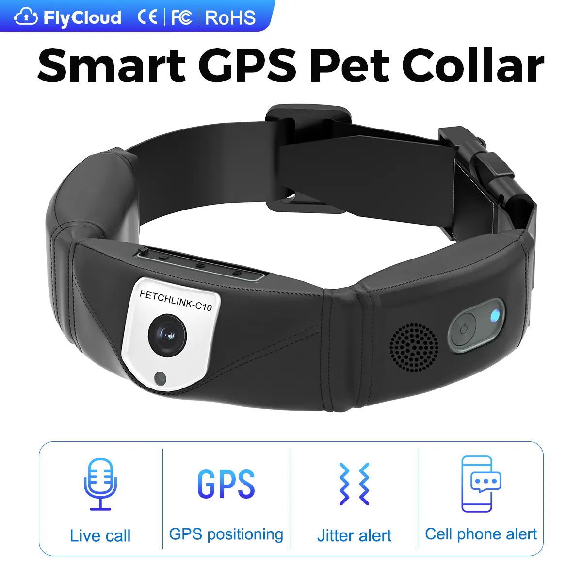 Flycloud C10 GPS Non-Customized Large Pet Collar - Waterproof, Voice Recall, Geo-Fence Alerts, App Live Tracking, Remote Finding for Pet Activity & Behavior Training (Black)