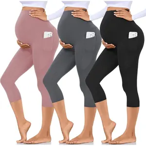 3 Pack Maternity Capri Leggings with Pockets-Buttery Soft Workout Pregnancy Yoga Pants Tummy Tuck Garment Plus Size Pregnant