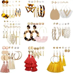 61Pairs Fashion Tassel Earrings Set for Women Mottled Hoop Fashion Jewelry for Birthday Party,Assorted Styles and Colors