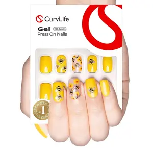 Honey Bee Press On Nails | CurvLife Nail | 24pcs Medium Coffin Fake Nails | 3D Floral Bee Design | Easy Apply, Durable & Vibrant | Daily, Party & Creative Nail Art