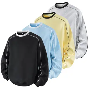 Men's Solid Color Crew Neck Pullover Sweatshirt with Striped Shoulder Design Suitable for Spring and Autumn Wear