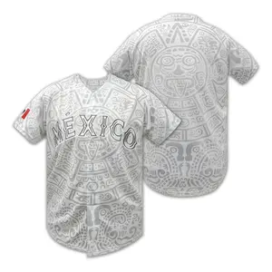 White Aztec Mexico Baseball Jersey for Men – Full Print Tribal Pattern, Cultural Heritage Streetwear, Lightweight Festival Outfit with Bold MEXICO Front and Flag Patch