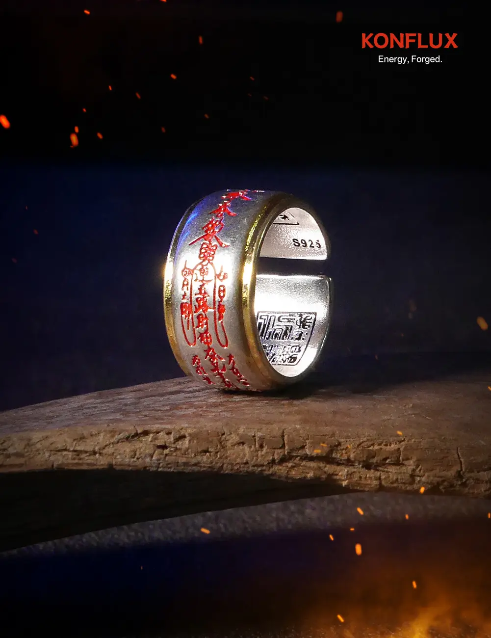 KONFLUX Five Roads Gods Ring Cinnabar Inlay Wide Band Daoist Wealth Luck Protection Jewelry Ring For Men