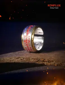 KONFLUX Five Roads Gods Ring Cinnabar Inlay Wide Band Daoist Wealth Luck Protection Jewelry Ring For Men