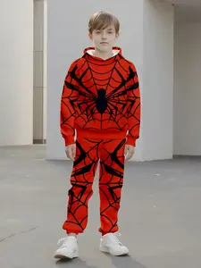 Boys Fashion Spidey Spider Pattern 3D Print Hoodie Set, Long Sleeve Sports Wear, Casual Fall & Winter Outdoor Hoodies, Sweatshirt