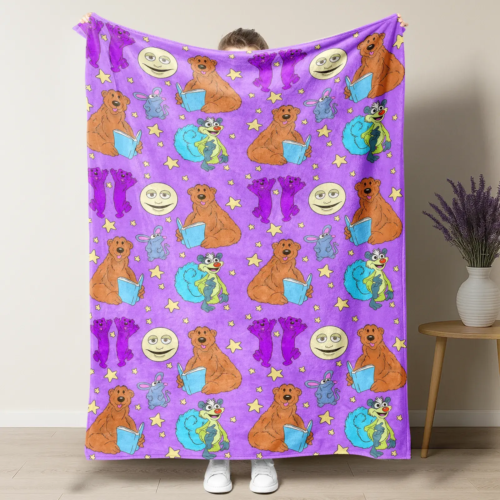 Bear in the Big Blue House Nostalgia Cartoon Flannel Blanket, Vintage 90s Retro Cartoon All Over Print Throw for Bedroom Sofa Couch, Soft Warm Childhood Fans Room Decor, Perfect Throwback Gift for 90s Kids & Cartoon Lovers