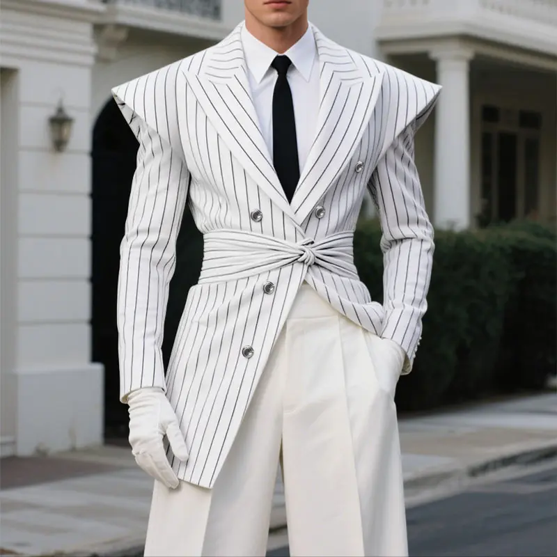 INCERUN Men's Architectural Pinstripe Blazer with Winged Shoulders & Asymmetrical Sash, Avant-garde Formal Tuxedo for Galas, Art Exhibitions, Art Exhibition, Wedding, Party