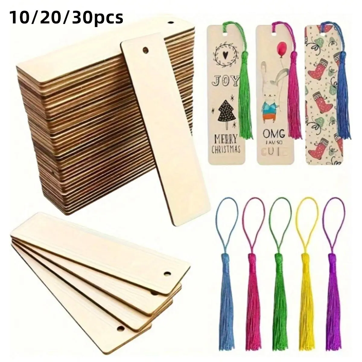 Random Color Wooden Blank Bookmark, 10/20/30pcs DIY Wood Craft Bookmarks, Square Label with Tassel, DIY Wooden Pendant for Book Lovers, Book Accessories