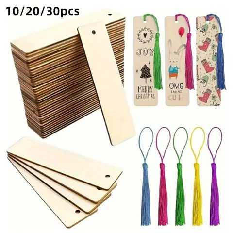 Random Color Wooden Blank Bookmark, 10/20/30pcs DIY Wood Craft Bookmarks, Square Label with Tassel, DIY Wooden Pendant for Book Lovers, Book Accessories